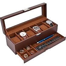 Watch Box, 6 Slot Watch Display Case with Drawer -Espresso