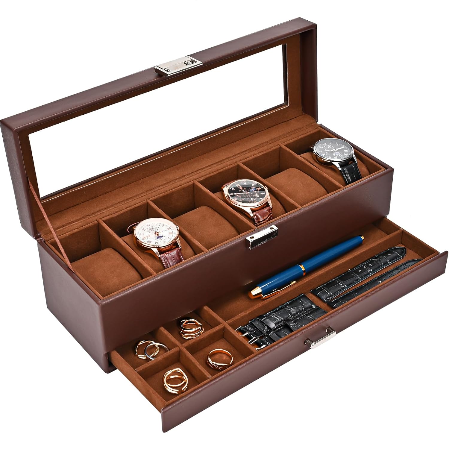 ProCase Watch Box 6 Slot Watches Display Case with Drawer Mens Watch Case with Glass Lid 2-Layer Mens