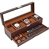 ProCase Watch Box for Men, 6 Slot Watch Display Case with Drawer, Mens Watch Case With Glass Lid, 2-Layer Jewelry and Watch Storage Watch Holder Organizer for Men Women -6 Slot, Espresso
