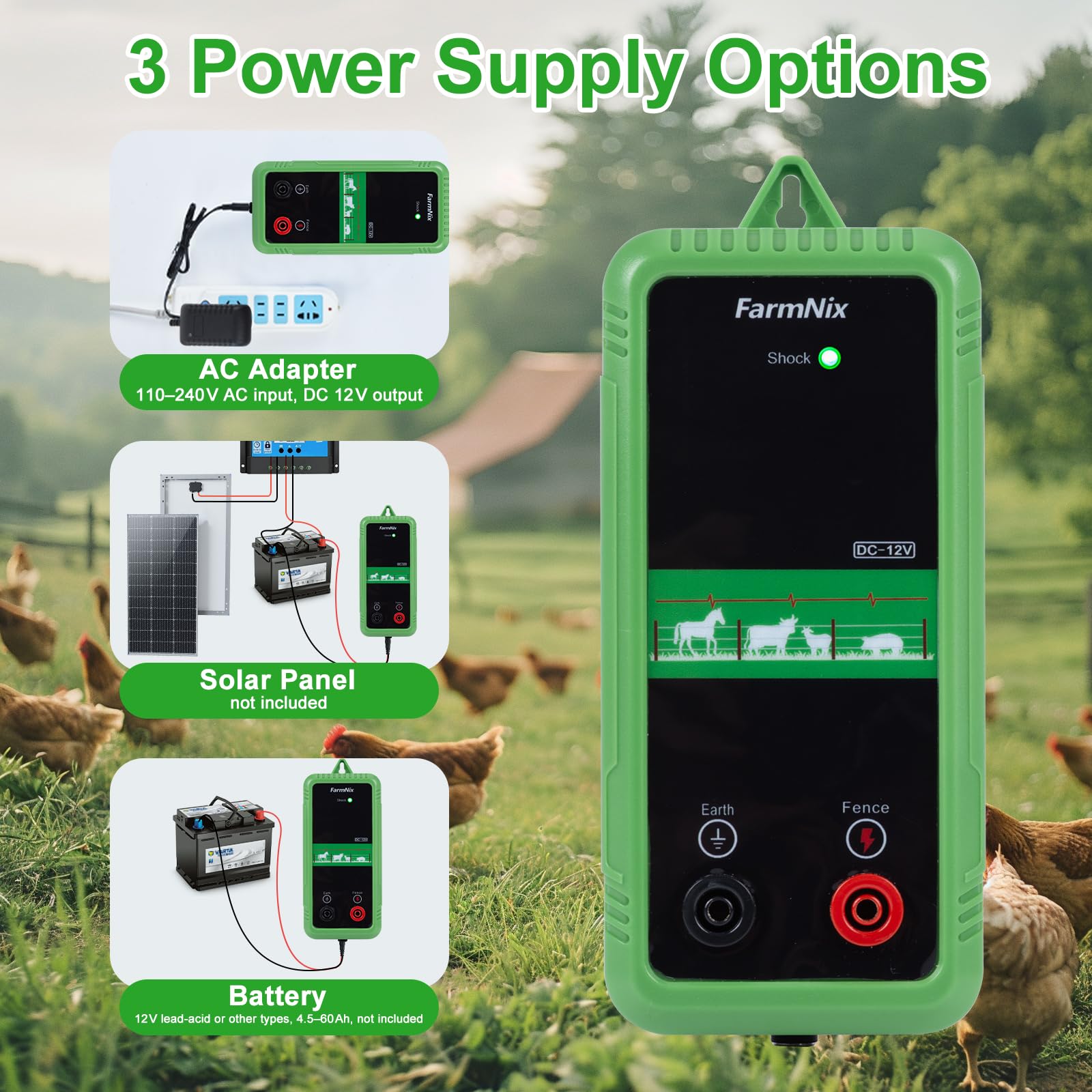 Elettrificatore per Recinti 8KM, 1J, 12V, Uscita 10KV, Basso Consumo, Compatibile AC/DC/Solare per Giardino, Fattoria e Piccoli Pascoli