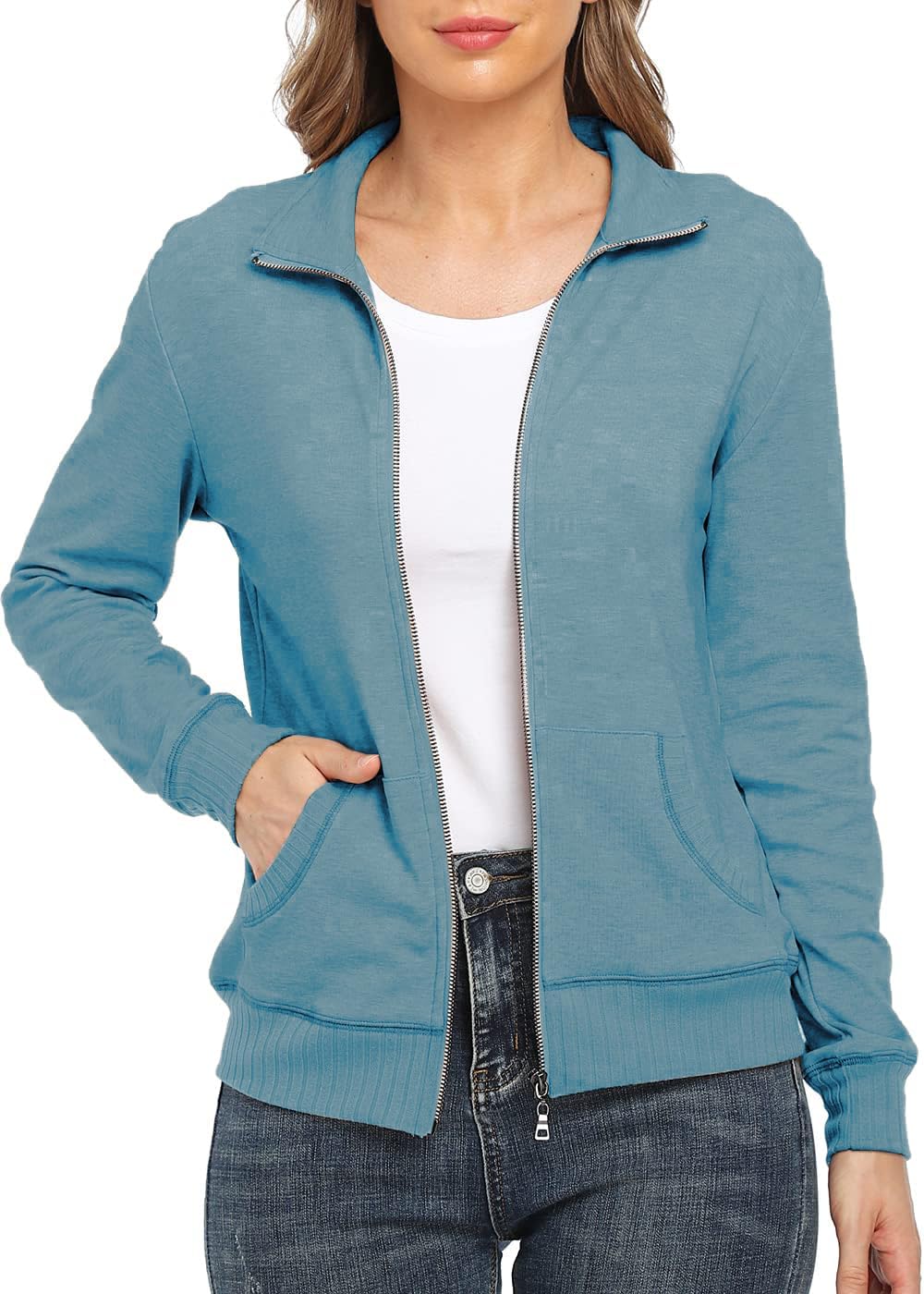 WUDODO Women's Zip up Sweatshirt Jacket Stand Collar Hoodless Running Sweatshirt with Pockets