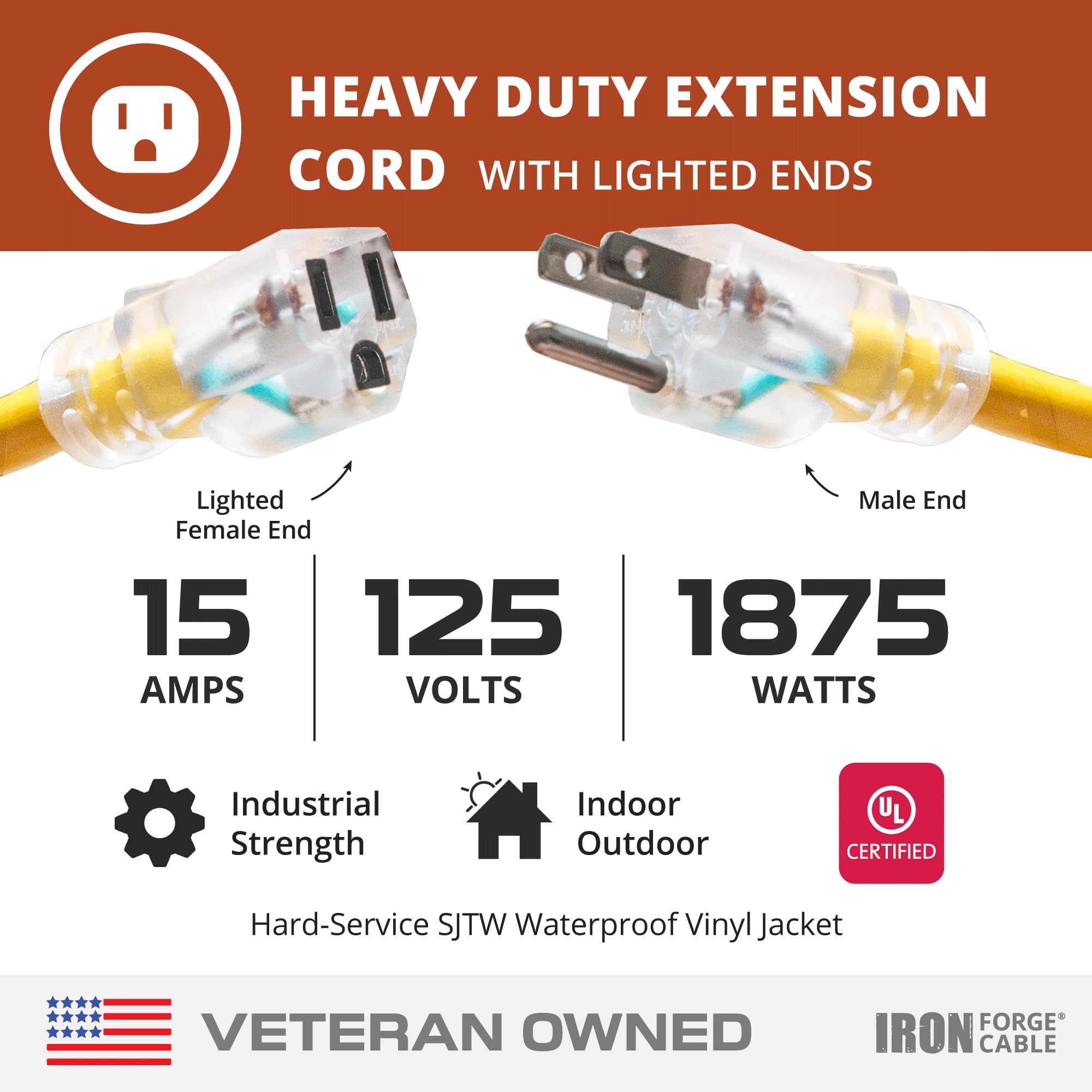 Iron Forge Cable Cable de extensión para Exteriores de 50 pies, Cable de extensión de Calibre 10, 15 amperios, Cable de extensión Resistente 10/3 SJTW, Cable de extensión de alimentación Amarillo