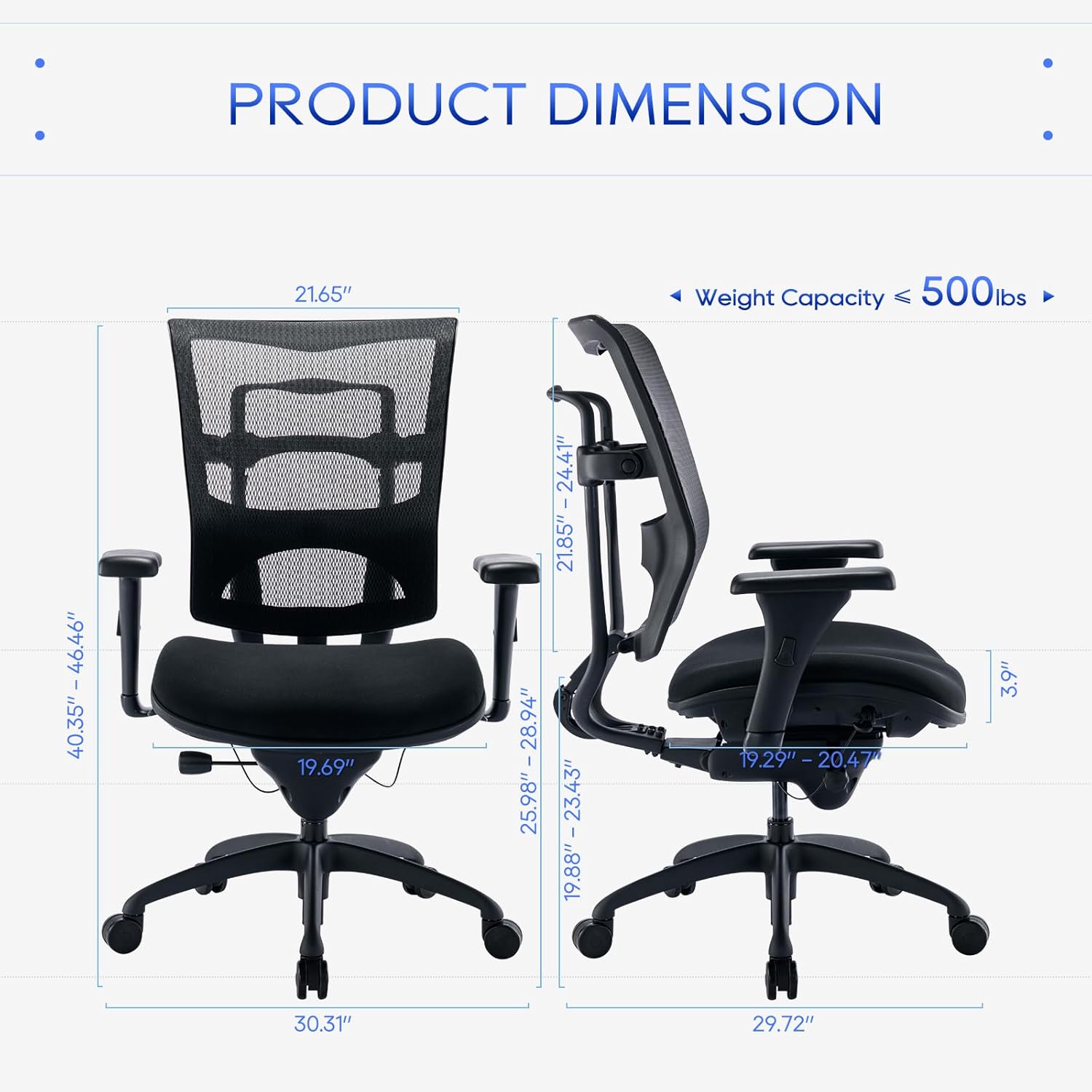 Diagram showing the dimensions of the COLAMY H6 office chair, including height, width, and depth measurements.
