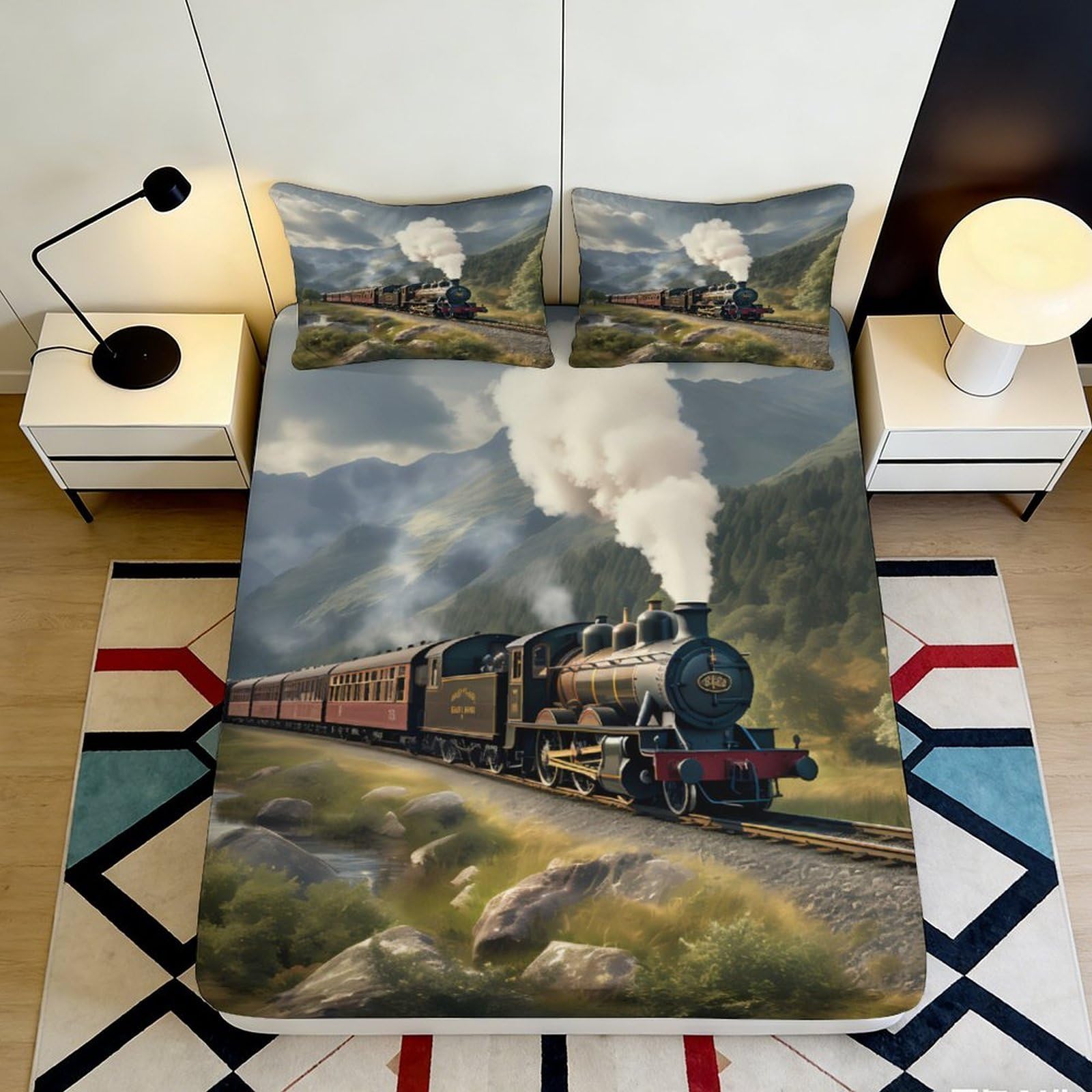 3D Printed Vintage Train Fitted Sheet Microfiber Soft Durable Scenic Mountain Bed Cover for Bedroom Dormitory Guest Room Mattress Protection 120x200x25cm