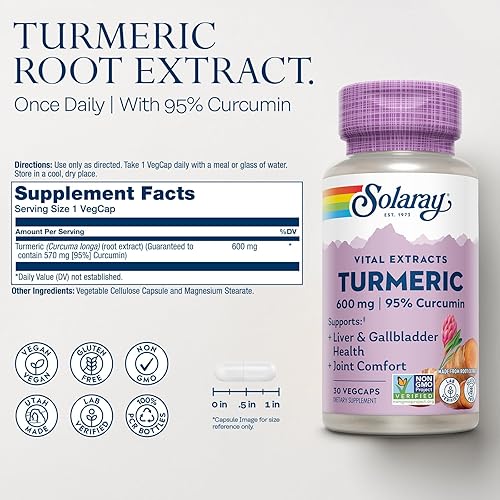 Vista 9 de SOLARAY Suplemento de cúrcuma de 600 mg - Raíz de cúrcuma con 95% de curcumina - Suplemento de apoyo articular - Salud de las articulaciones