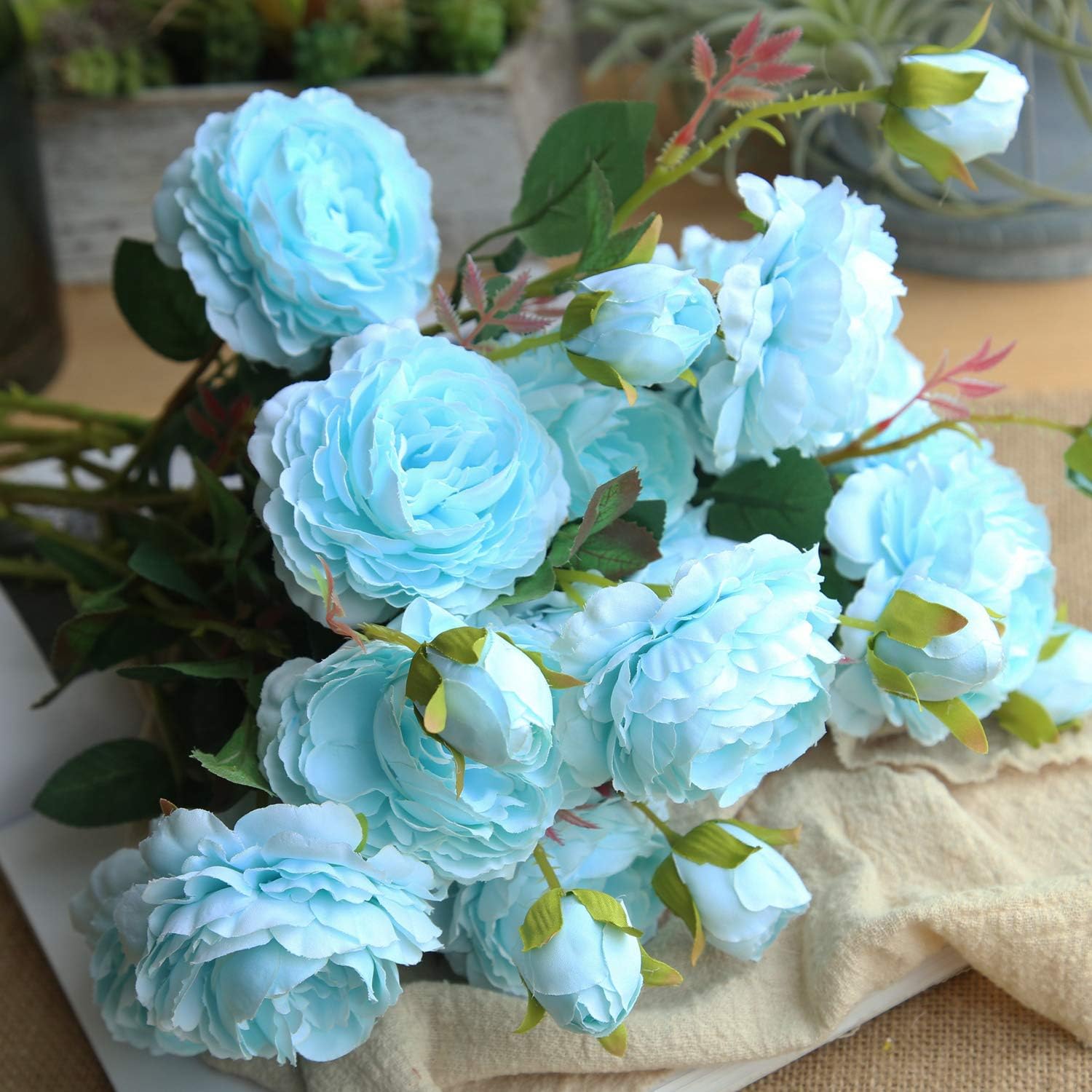 Artificial Flower 8pcs 24'' Silk Peony Long Stem with 2 Blossoms and 1 Bud Faux Flower for Wedding Bridal Bouquet Bridesmaid Home Décor Office Baby Shower Centerpiece,Blue