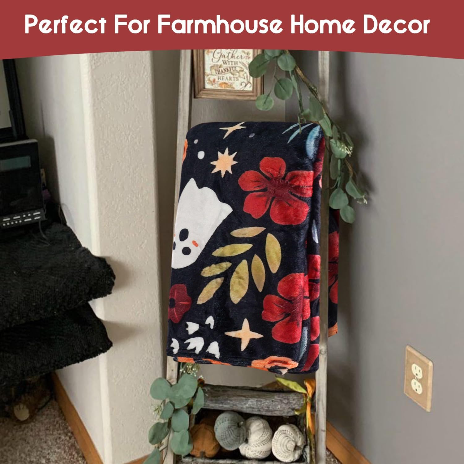 Halloween Blanket,Halloween Skulls Ghost Pumpkins Flower Fleece Blankets, for Women Flannel Throw Blanket for Home Living Room Couch Bed Chair or Dorm Decor 60"x50"