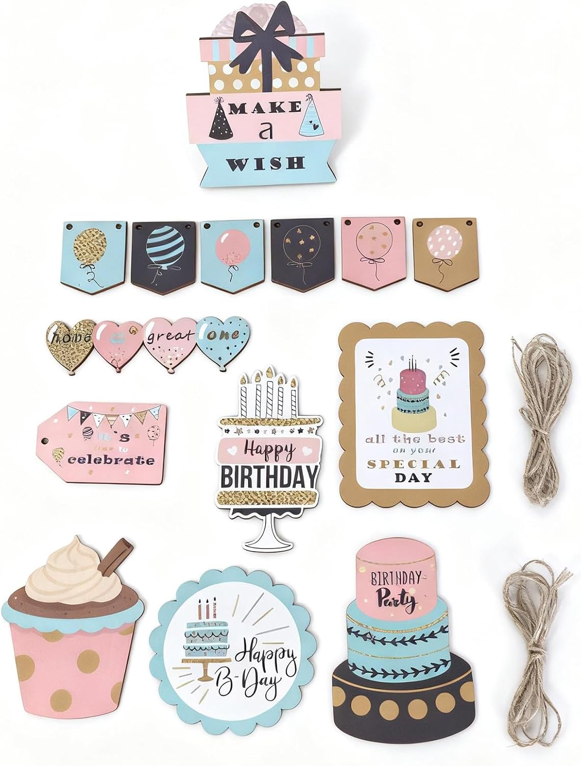 18 Pcs Happy Birthday Tiered Tray Decorations - Farmhouse Table Decor Tray Decor, Wooden 3D Decor Accents for Home, Shelf, and Party