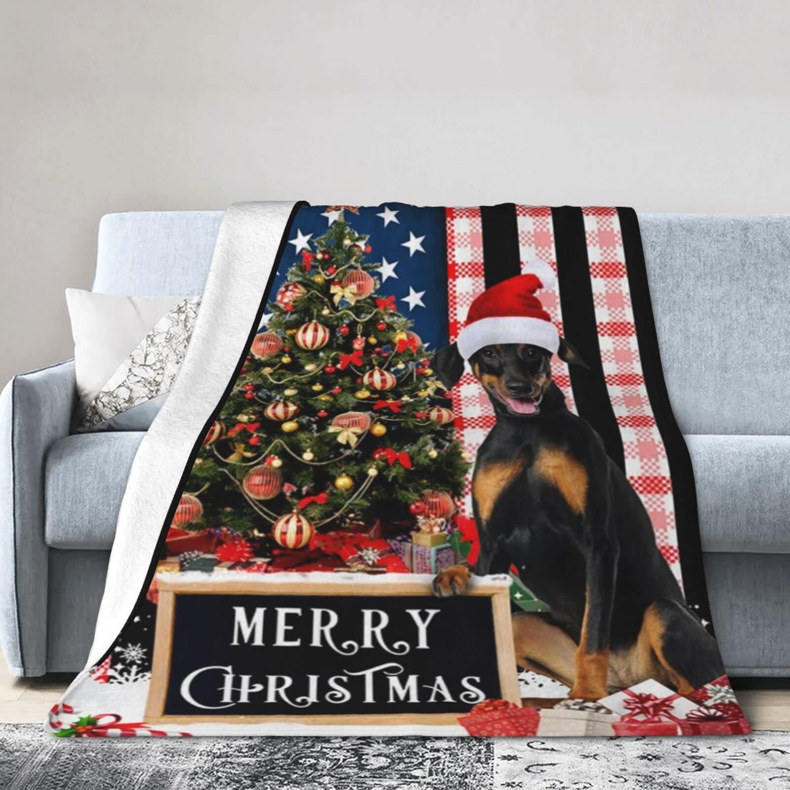 Lsjuee Christmas Flannel Fleece Blanket 40"X30" Merry Christmas Dobermann Bed Throw Blanket Lightweight Ultra-Soft Travel Winter Blankets for Kids Keep Warm
