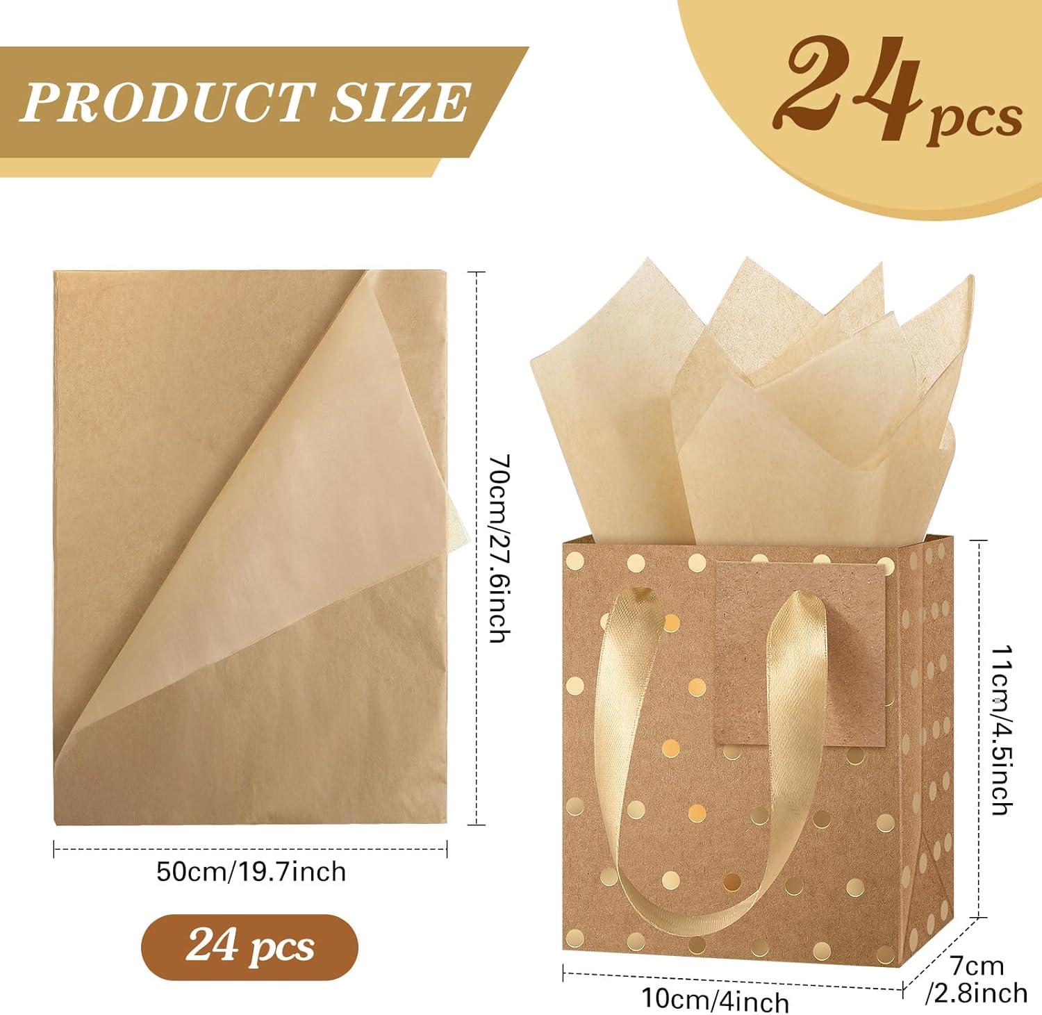Tenare 24 Pcs Small Gift Bags Mini Metallic Paper Bags Bulk Tiny with Handles Tissue Paper for Jewelry Gift Wrap Easter Mother's Father's Day Party Supply(4×2.75×4.5 Inch,Brown Gold)