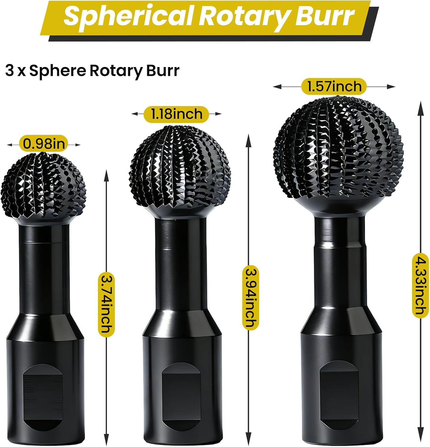 3PCS Sphere Rotary Burr Set, 5/8-11 Thread Ball Gouge Attachments for 4-1/2" & 5" Angle Grinders | Carbide Steel for Wood Hollowing, Engraving, Deburring & Polishing