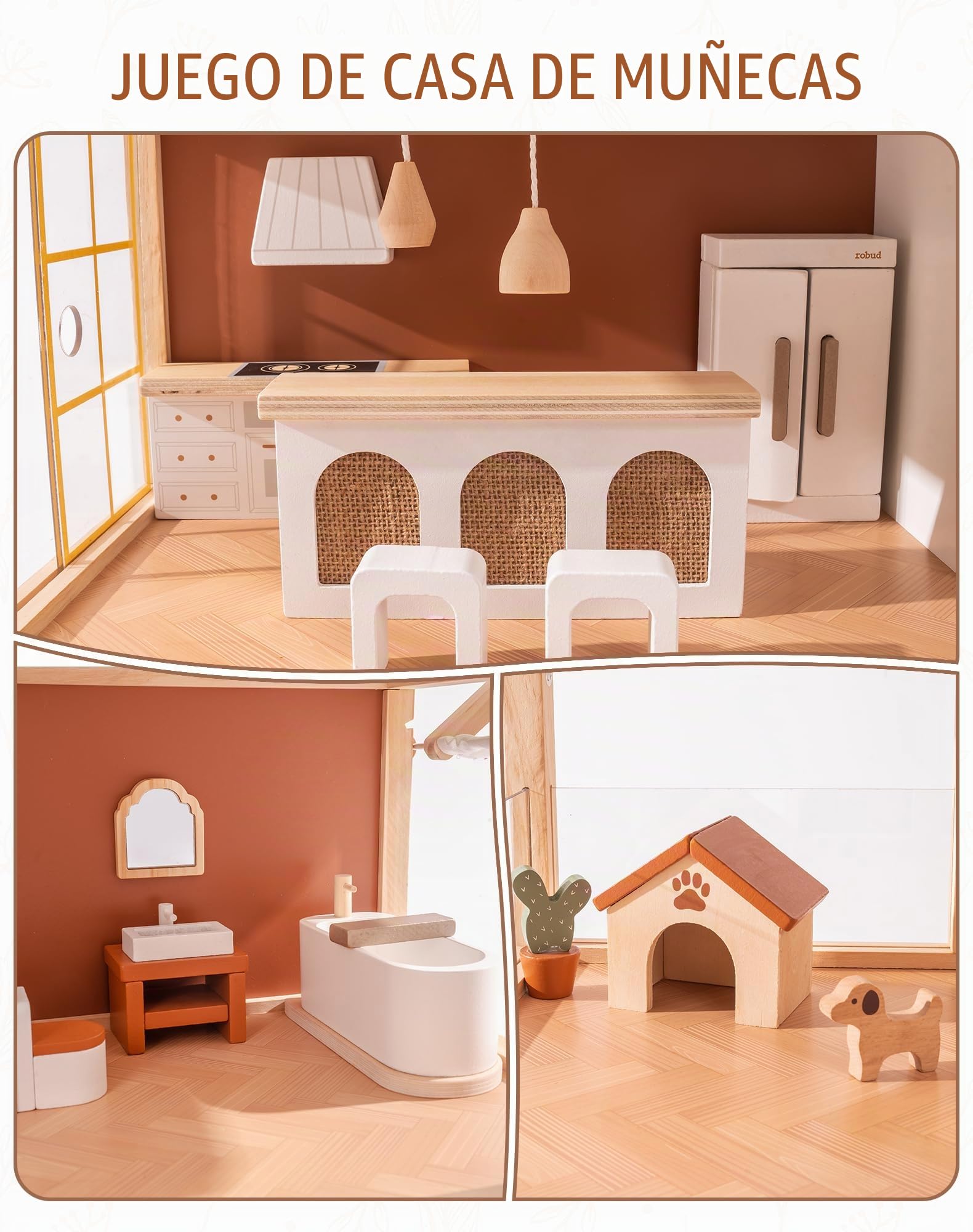 ROBUD Casa de Muñecas de Madera, Estilo Bohemio, con 37 Piezas de Muebles y Accesorios Realistas para Muñecas, Juguete Ideal para Juegos de Imitación, Niñas de 3 Años en Adelante
