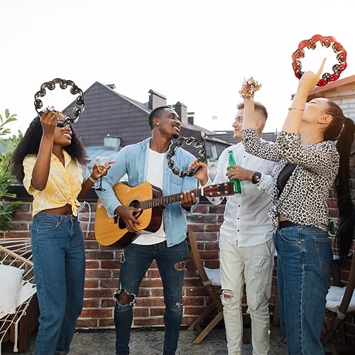 Miniatura 7 de Okllen Paquete de 4 panderetas de percusión de mano de doble fila, jingles de metal, campanas de pandereta, instrumento musical para adultos,