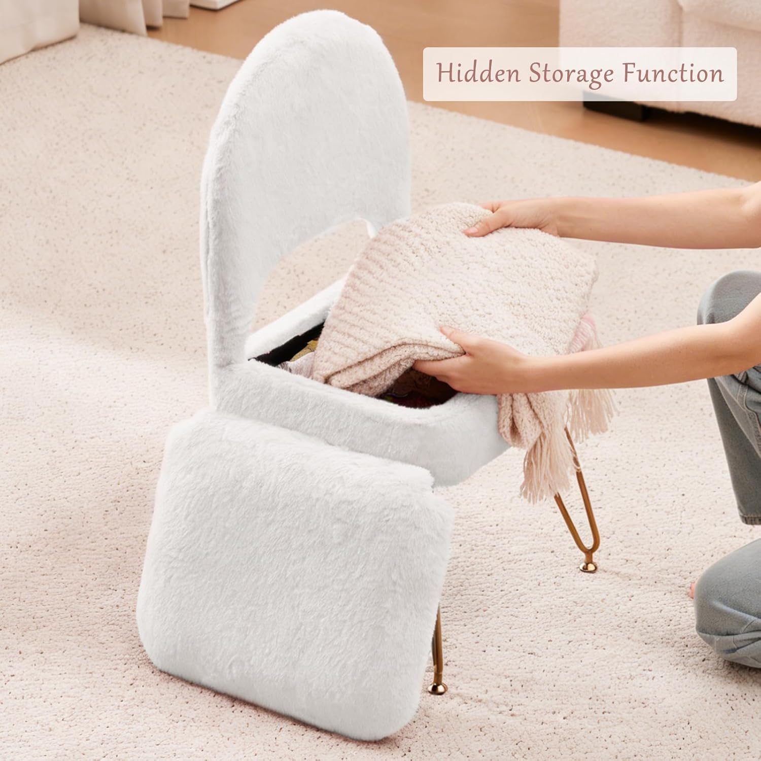 Vanity Stool Chair with Folding Back, Storage Ottomans Faux Fur Vanity Chair, Multifunctional Upholstered Footstool with 4 Metal Legs with Anti-Slip Feet for Bedroom Living Room Entryway