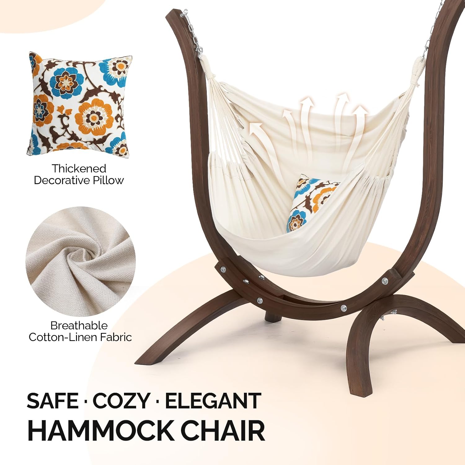ONCLOUD Hammock Chair with Wooden Stand, Curved Hanging Chair Set with Throw Pillow, Portable Wooden Hammock Chair for Outdoors, 330LBS (Carbonized)