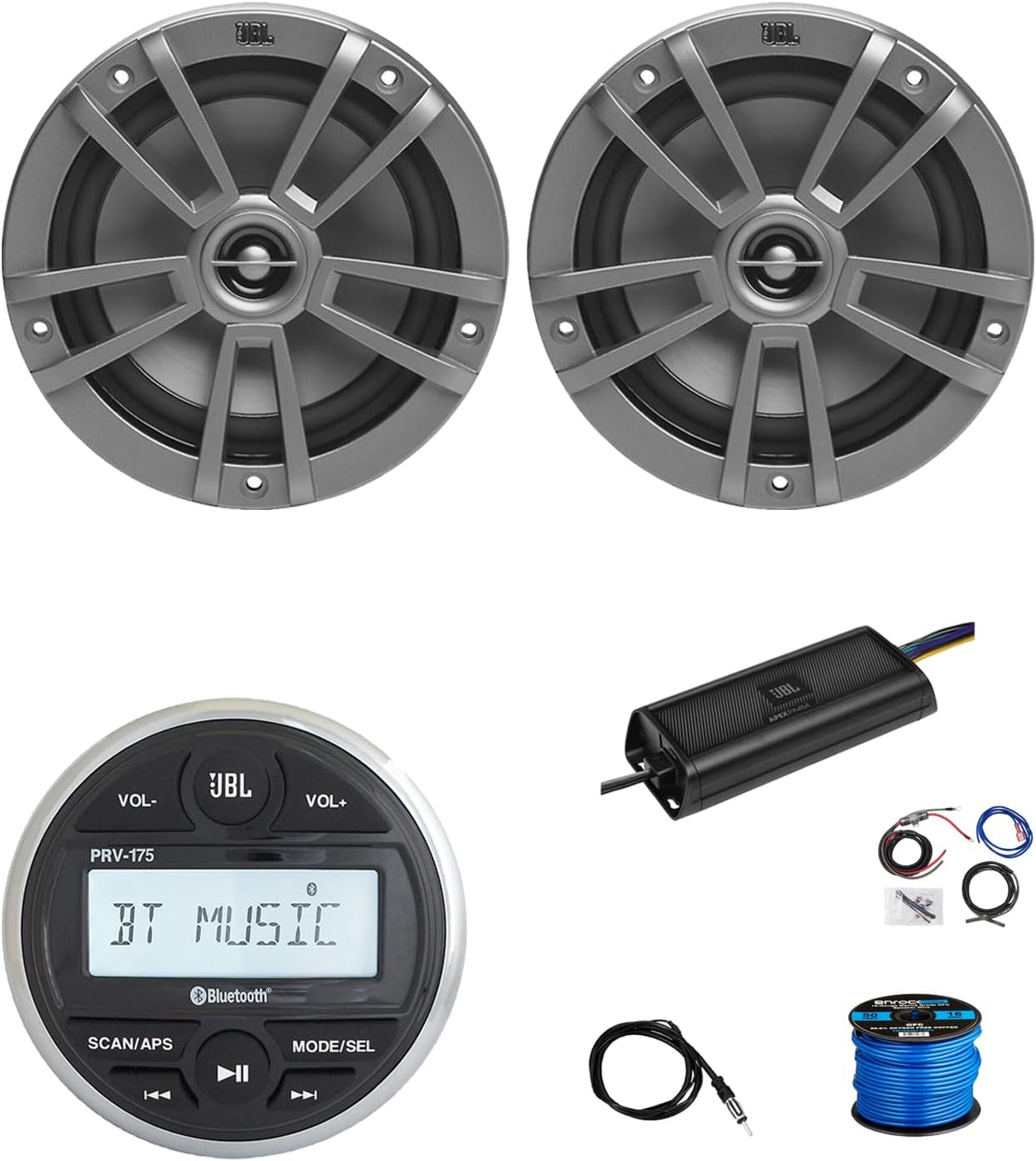 Marine Gauge Style Bluetooth AM/FM Receiver, 2X 6.5 180 Watt 2-Way Multi-Element Audio Speakers (Gray), Wire, Antenna, 4-Channel 450W Amplifier w/Kit