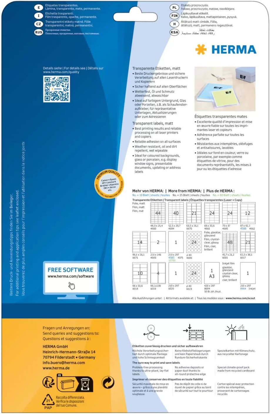 HERMA 4585 Self Adhesive Clear Film Labels, 1 Label per A4 Sheet, 10 Sheets, 210 x 297 mm, 10 Labels, Blank Weatherproof Labels Stickers, Sticky Labels for Laser & Inkjet Printer, Transparent
