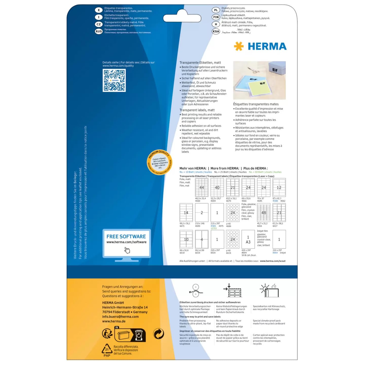HERMA 4585 Wetterfeste Folienetiketten transparent, 10 Blatt, 210 x 297 mm, 1 pro A4 Bogen, 10 Stück, selbstklebend, bedruckbar, matt, blanko Klebeetiketten Aufkleber aus Folie, durchsichtig