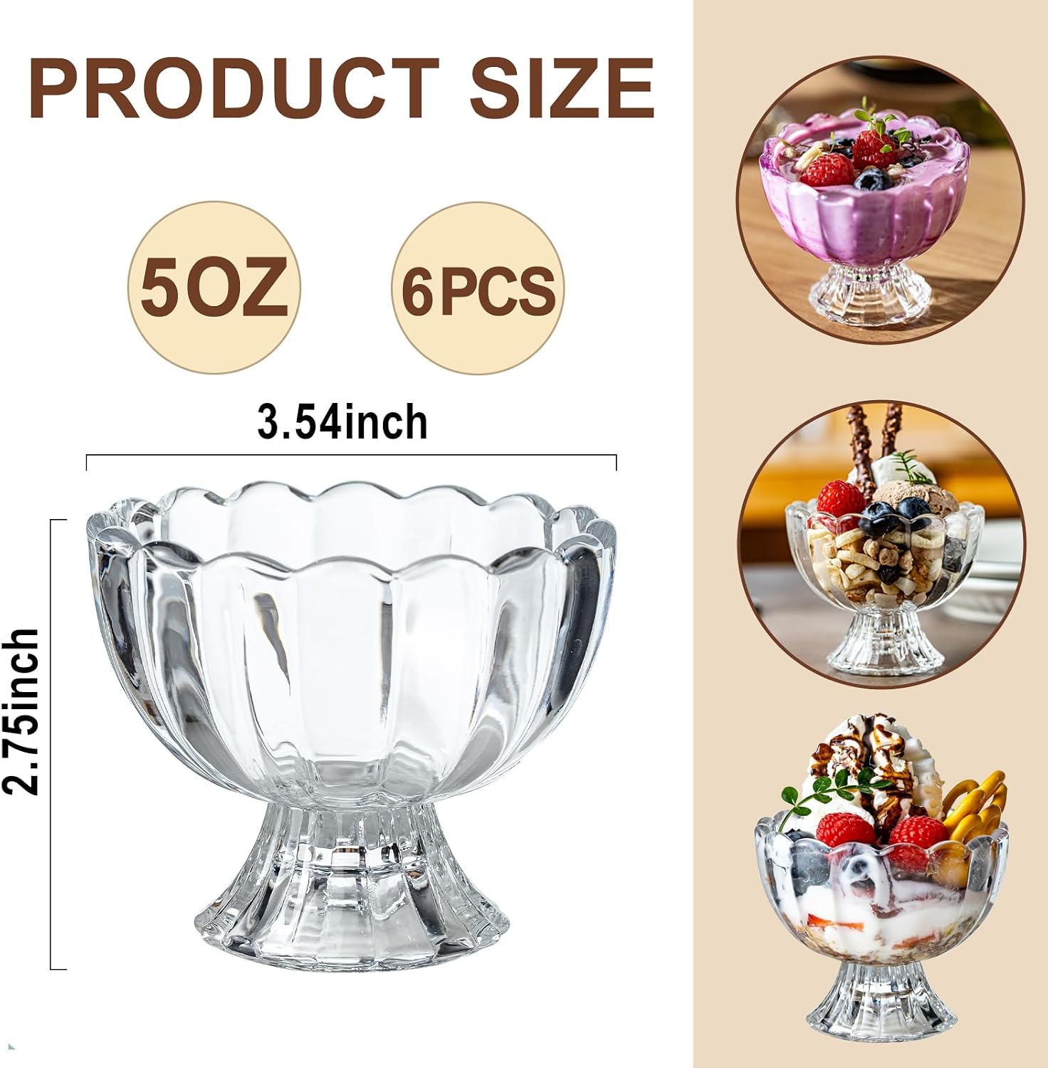 5oz Iced Cream Dessert Bowl, Vintage Footed Tulip Glass Dessert Cups, Cute Glass ware with Heavy Base, Drinking Cup for Sundae, Fruit, Ice Cream, Snack, Condiment, Holiday Party (6)