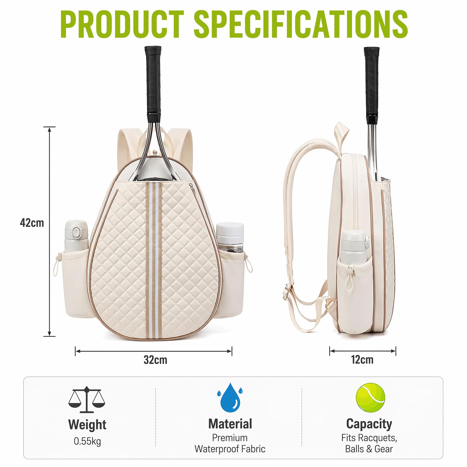 Mochila de tenis, bolsa de tenis para mujer y hombre, para 2 raquetas de tenis, resistente al agua, mochila con varios compartimentos, gancho para valla, mochila deportiva para tenis