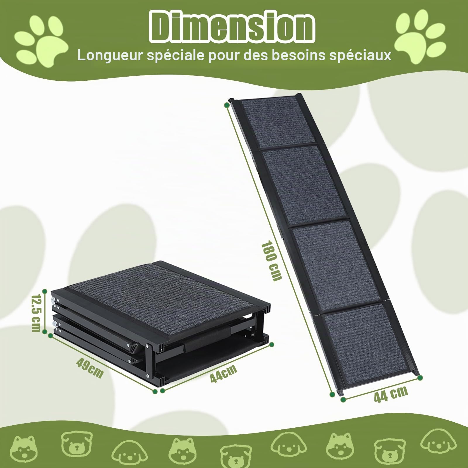 SMONTER Rampe de voiture pour chiens de grande taille, pliable et portable - 180 cm de long et 44 cm de long - Extra large - En aluminium avec surface antidérapante en feutre - Léger et durable - Pour