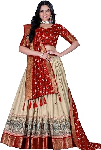 LooknBook Art Women's Patola Pattern Tussar Silk Lehenga Choli Dupatta Set with Unstitched Blouse Piece,Weave Type(kerry red)