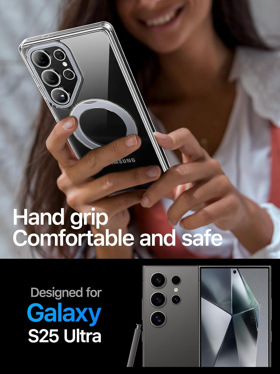 QTlier Phone case for Galaxy S25 Ultra- 360 Rotatable Magnetic Ring Stand, Military-Grade Protection, Raised Camera Frame Clear - Image 5