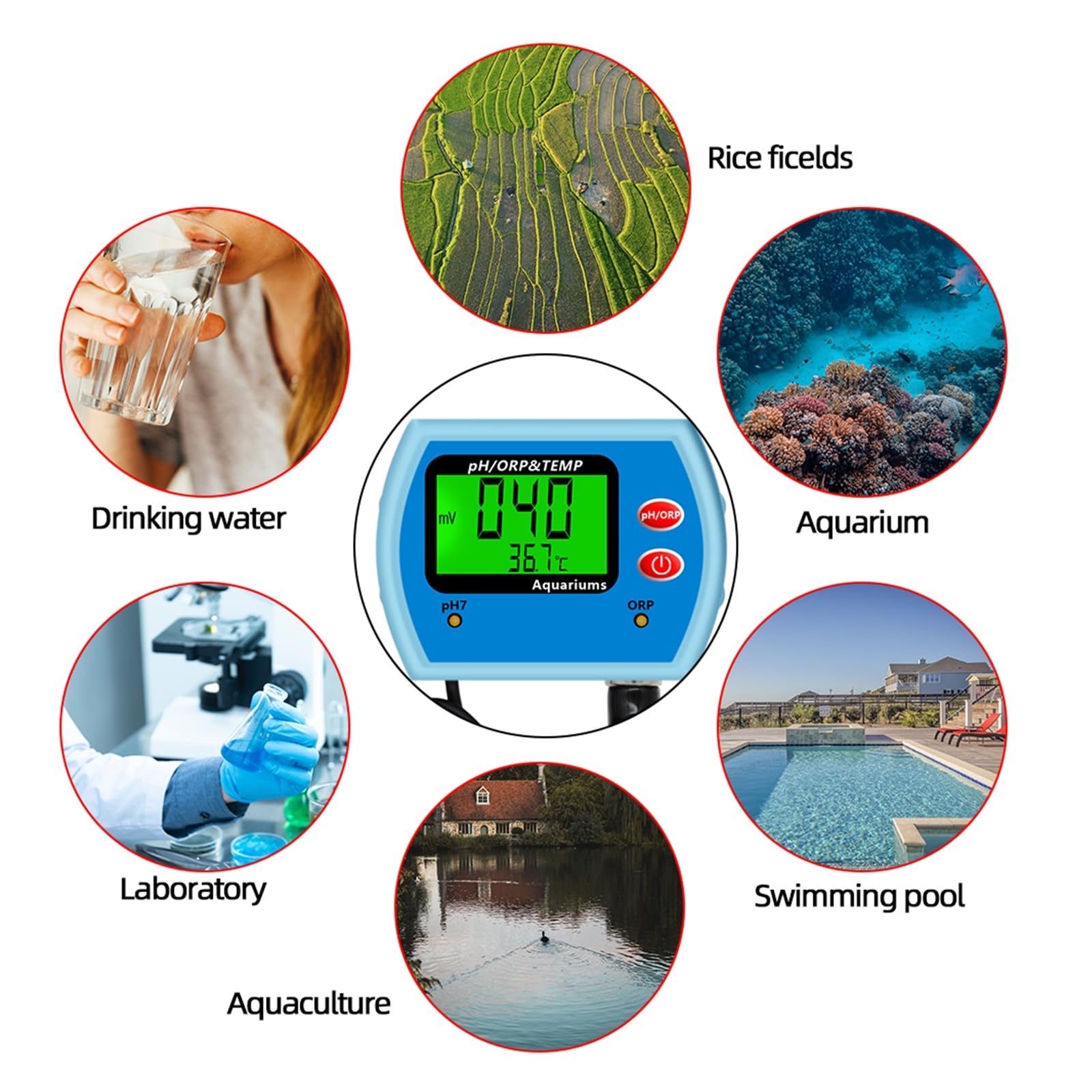 Testeur de qualité de l'eau Multi-Parameter PH Meter Water Quality Acidity Temp ORP Tester Redox Analyzer Monitor Big Screen