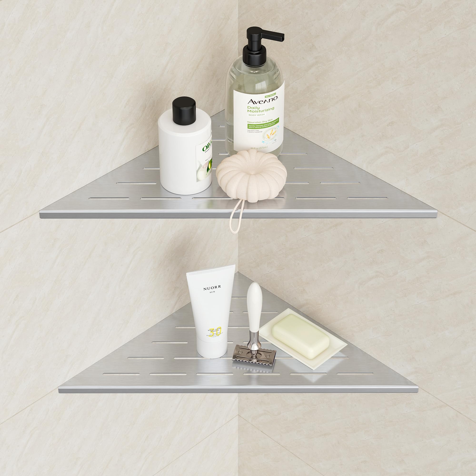 Neodrain 12 Inch Brushed Corner Shelf Set of 2, Floating Corner Shelves for Wall, 304 Stainless Steel Wall Storage Shelves for Bathroom, No Drilling