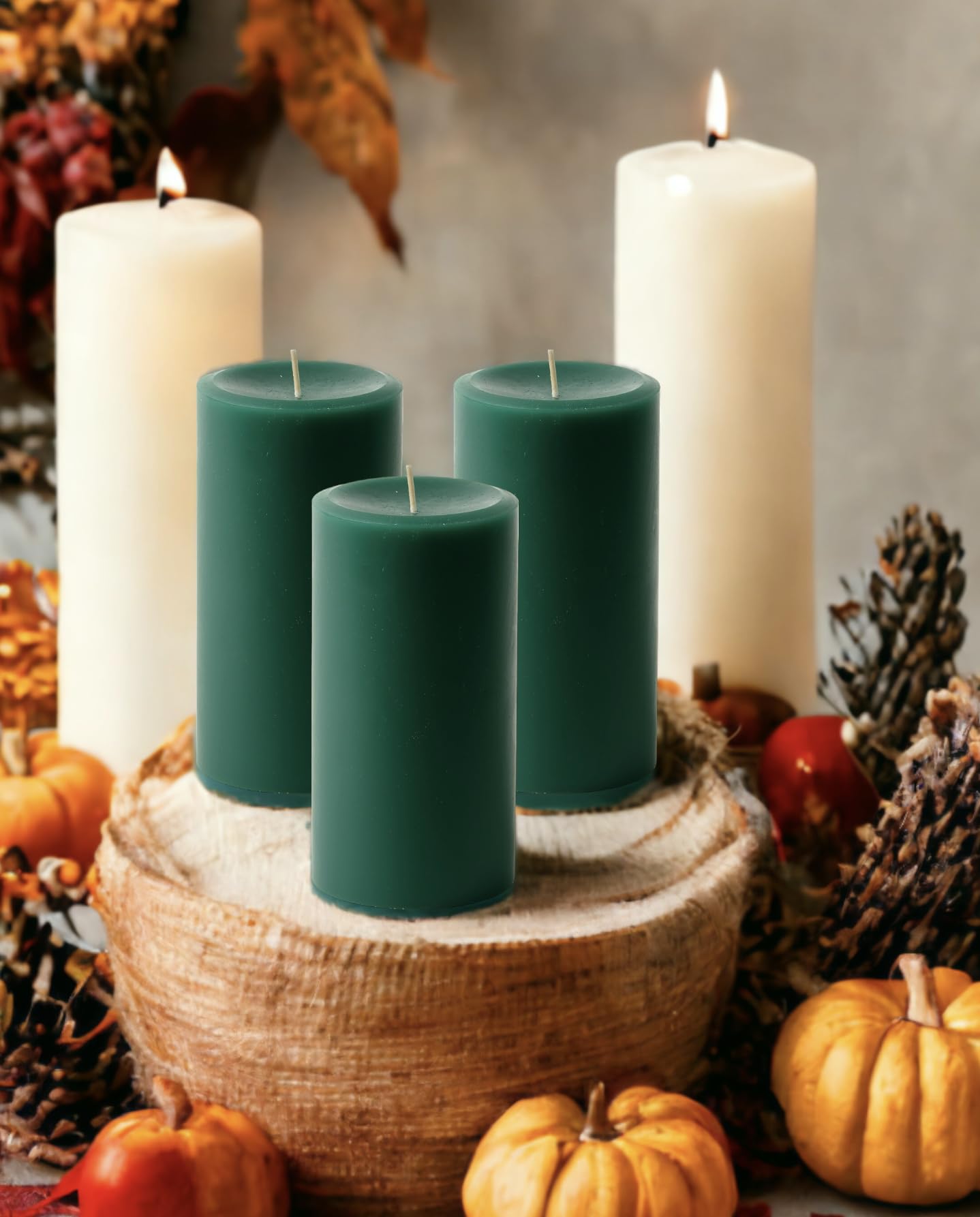 3" x 6" Hunter Green Pillar Candles (Set of 3) Unscented, Solid Color, Hand Crafted Weddings
