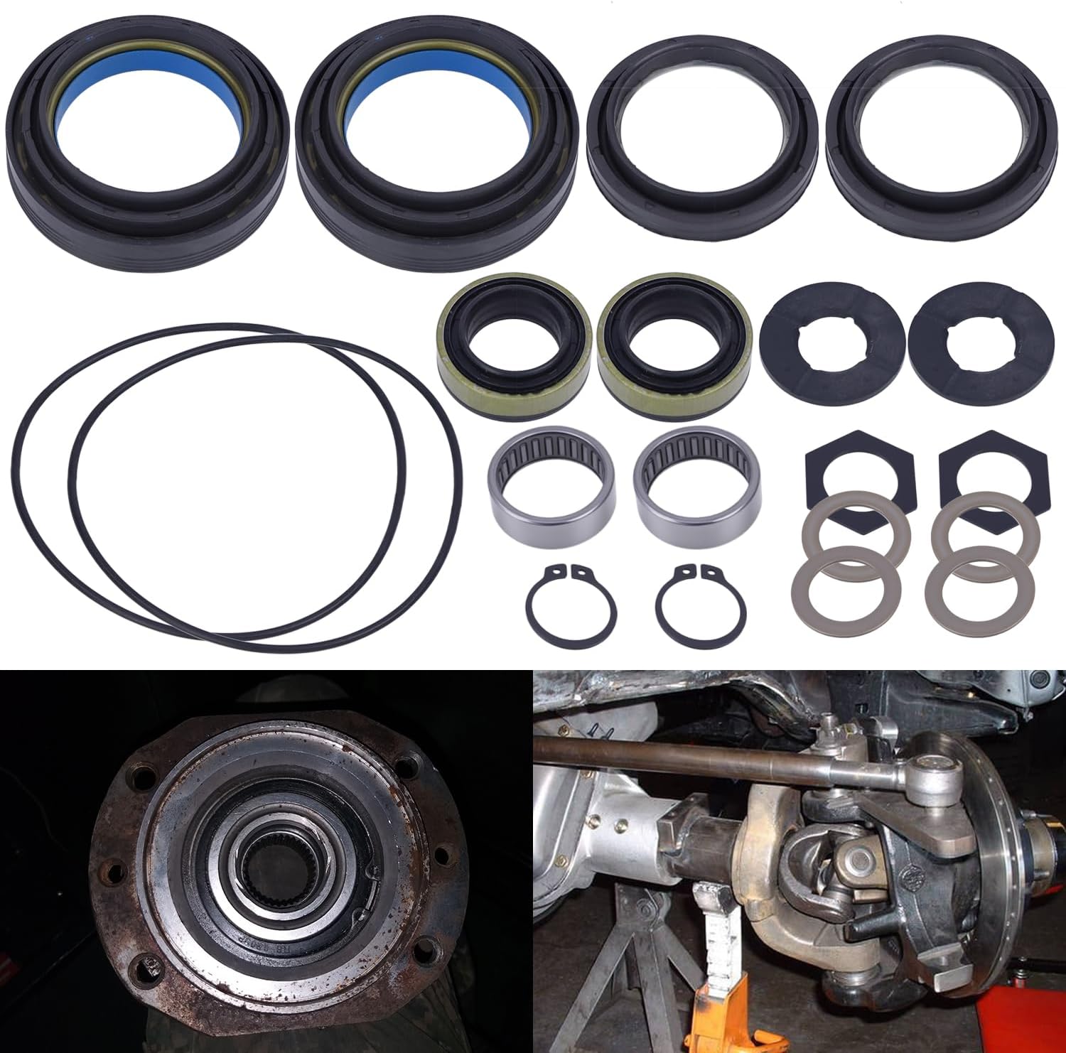 Outer Axle Dust Seal & Inner Tube Seal Kit Compatible with 1998-2004 Ford Super Duty Excursion F250 F350 F450 F550 With Dana 50 60 Front Axle Thrust Washer Seals, Needle Bearing & Snap Ring