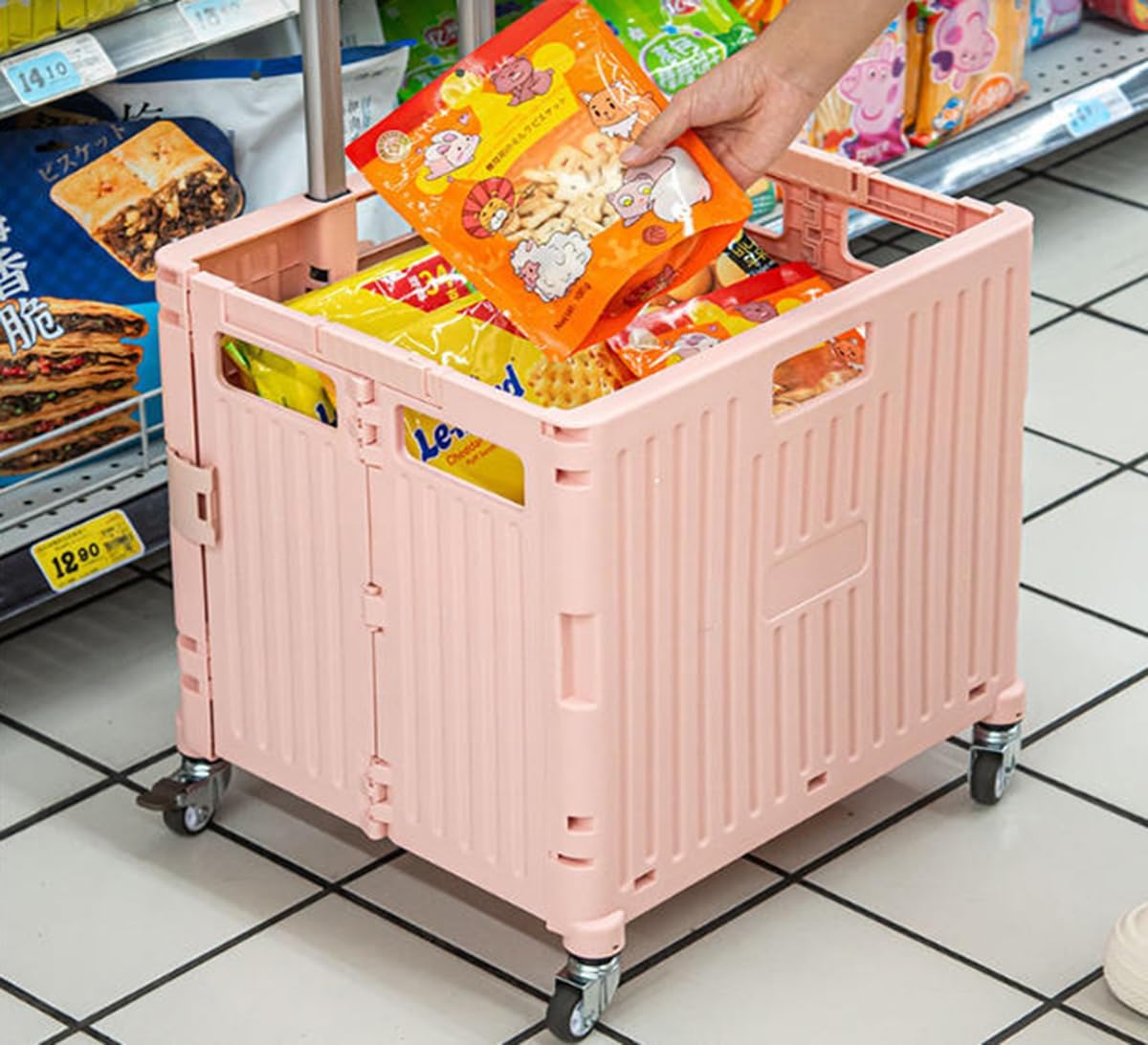 Rolling Cart Folding Utility Cart Portable Rolling Crate Handcart Shopping Trolley Collapsible Tool Box, with Lid, Basket on 4 Rotate Wheels Utility with Seat Collapsible Basket with Handle