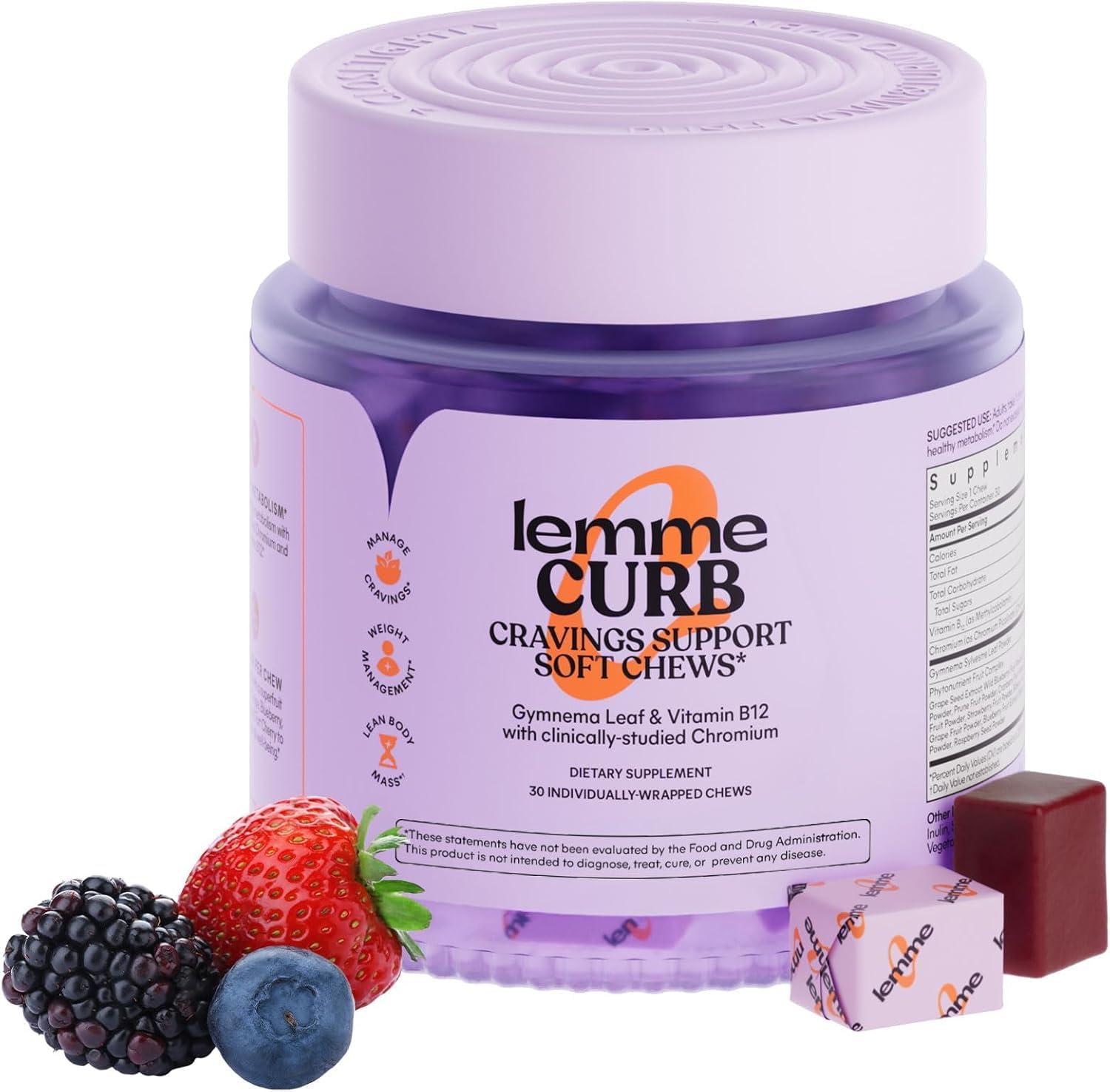 Curb Cravings Soft Chews - Manage Appetite, Support Metabolism & Lean Body w/Clinically Studied Chromium, Gymnema & B12 for Healthy Weight Management, Mixed Berry