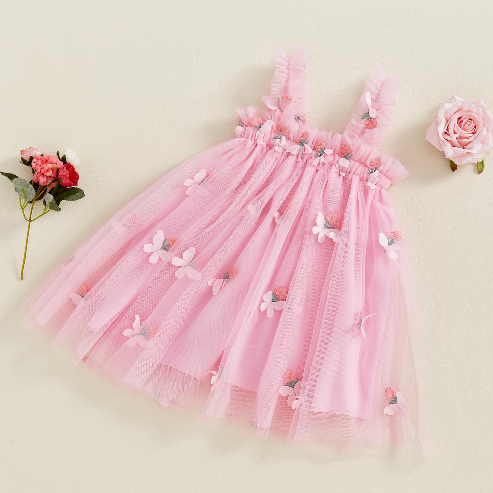 Toddler Baby Girl Floral Tulle Dress Summer Sleeveless A Line Butterfly Sundress Fairy Princess Tutu Party Dress (Pink, 3-4 Years)