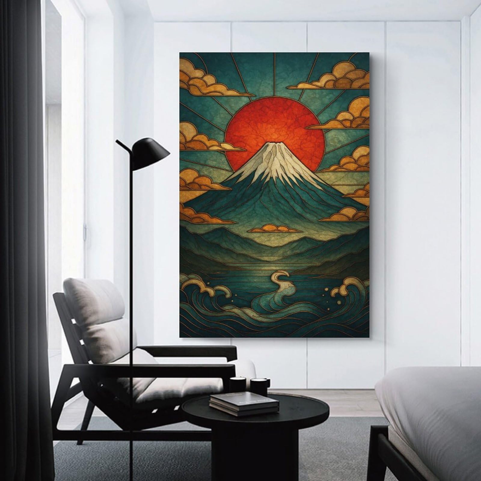Junmoney Unframe-Style-17 Decorative Wall Artwork Mount Fuji Stained Glass Landscape, 24X36inch(60X90cm), For Contemporary Homes, Apartments Or Offices, An Easy Choice For New Home Styling