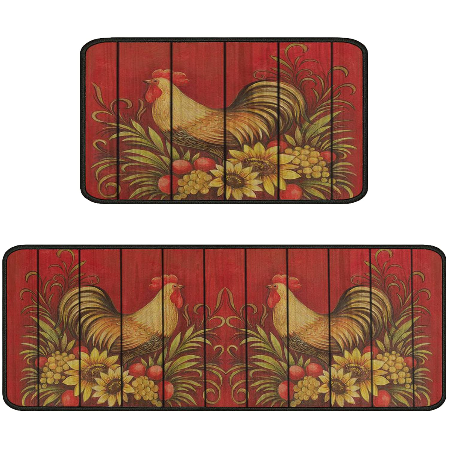 Faptoena Rooster Kitchen Rugs and Mats Sets of 2, Red Farmhouse Kitchen Decoration Rugs, Rubber Backing Non-Slip Floor Mat for Sink Washable