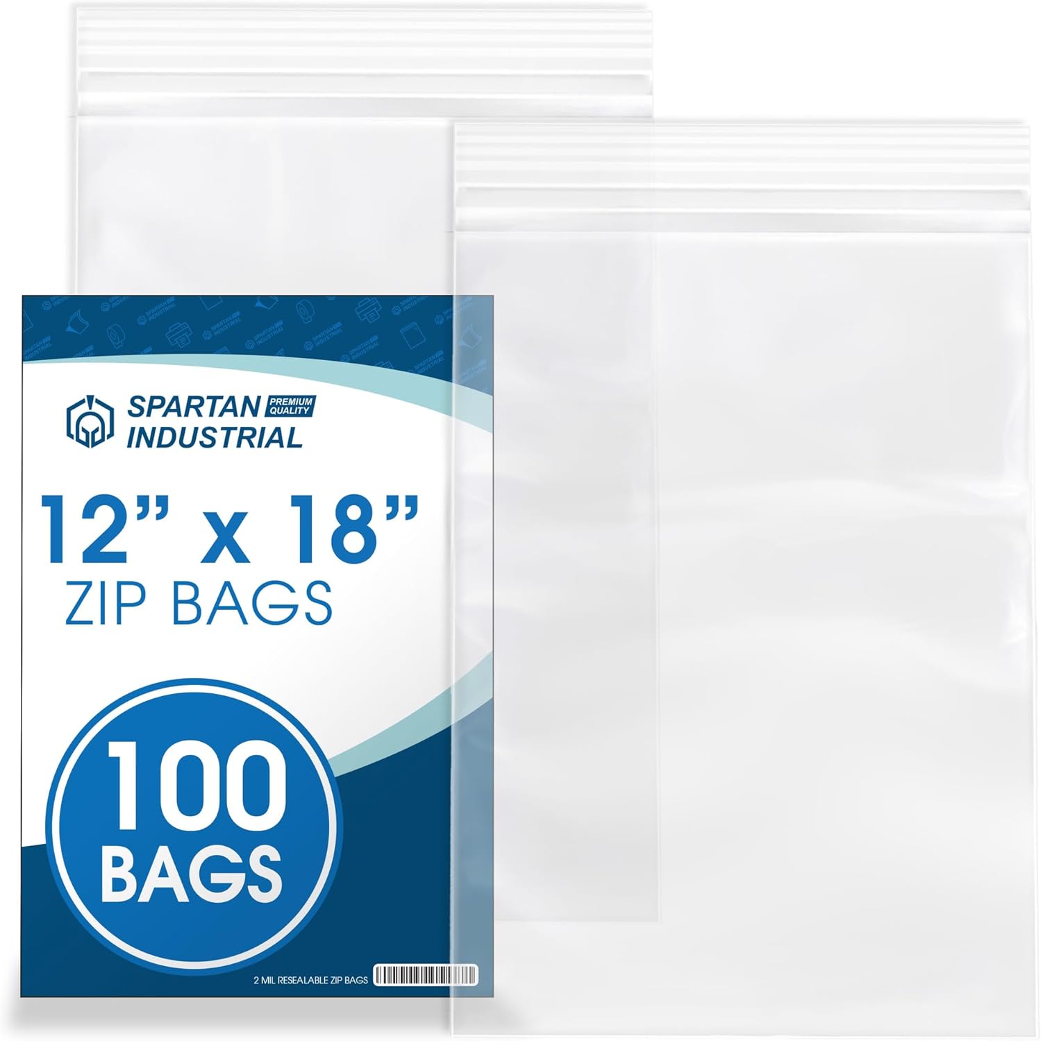 Spartan Industrial – 12” X 18” (100 Count) 2 Mil Clear Reclosable Zip Plastic Poly Bags with Resealable Lock Seal Zipper