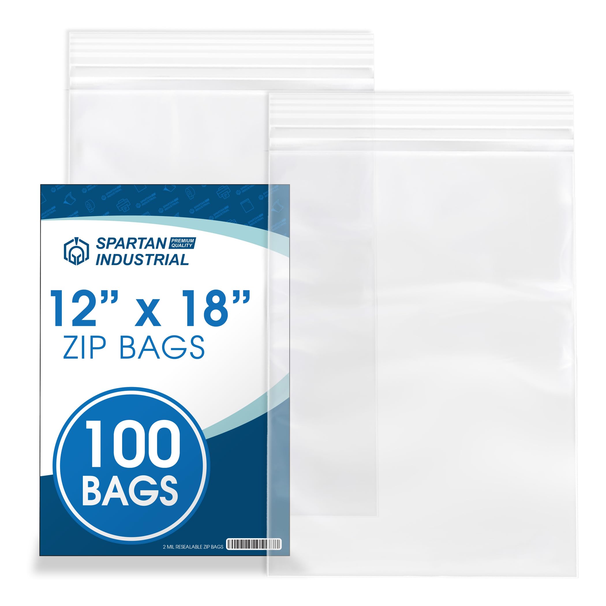 Spartan Industrial - 12” X 18” (100 Count) 2 Mil Clear Reclosable Zip Plastic Poly Bags with Resealable Lock Seal Zipper