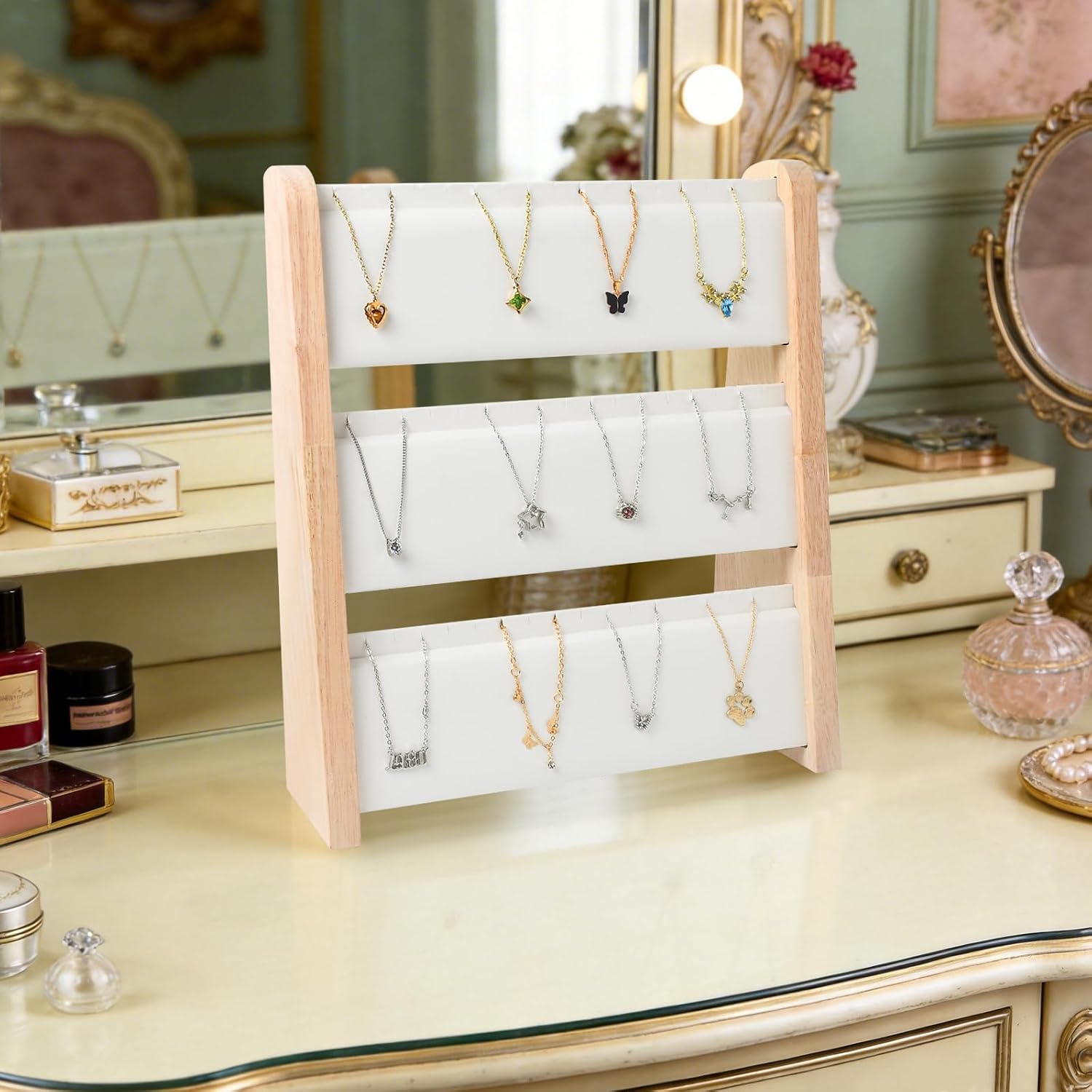 12.8''x12.2''x4.7'' Triple-Deck Folding Wood Necklace Display Stand with Leather Mat Tabletop Jewelry Stand Storage (White)