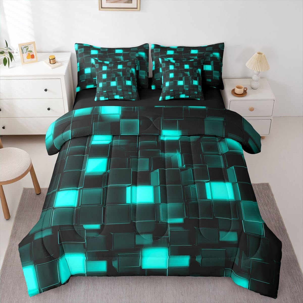 Castle Fairy Video Games 7 Pieces Bed Set Full Size | 3D Blue Block Comforter Set with Sheets Neon Pixel Plaid Patchwork Sheet Set, Pillowcases & Pillow Covers Modern Gaming Room Decor