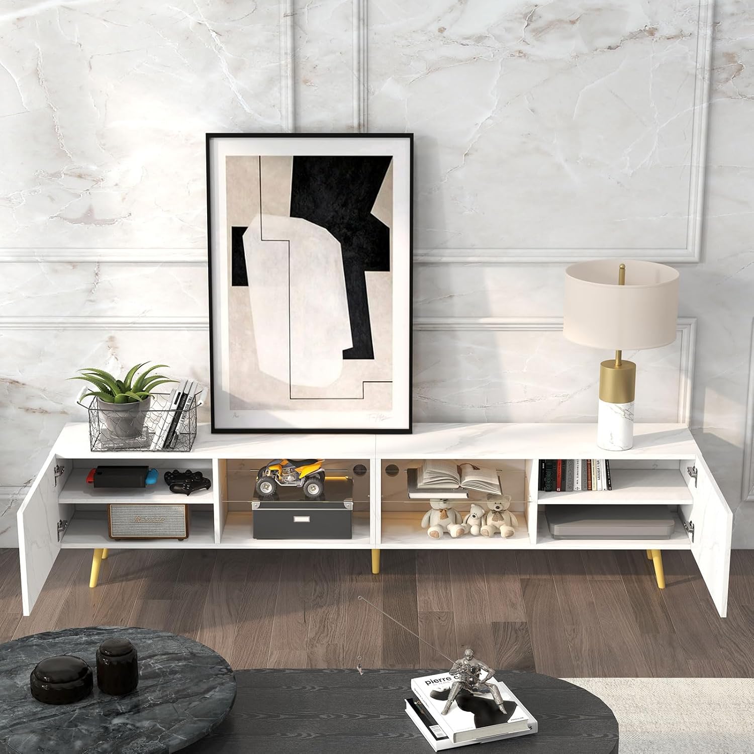 Bonzy Home 86" LED TV Stand, Modern Entertainment Center up to 75" TV, Television Console Table with Storage Cabinets for Living Room, White Marble