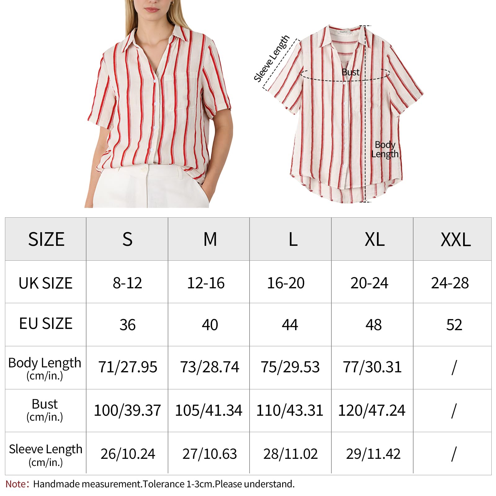 Amazhiyu Camicia da donna 100% lino estiva casual a maniche corte a righe abbottonata