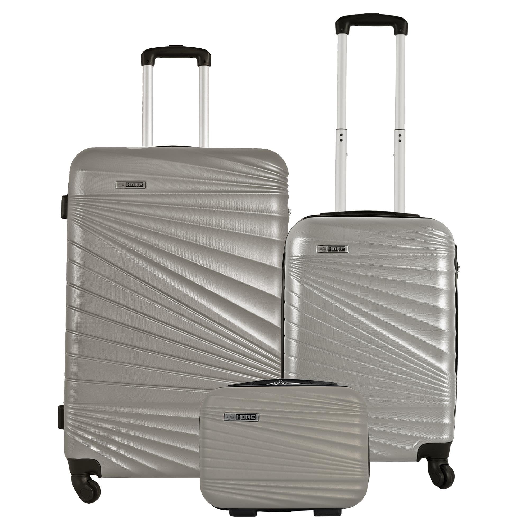 WELL HOME MOBILIARIO & DECORACIÓN Set di 3 valigie ABS rigide in argento nudo metallizzato, Argento Nudo, Set di valigie rigide