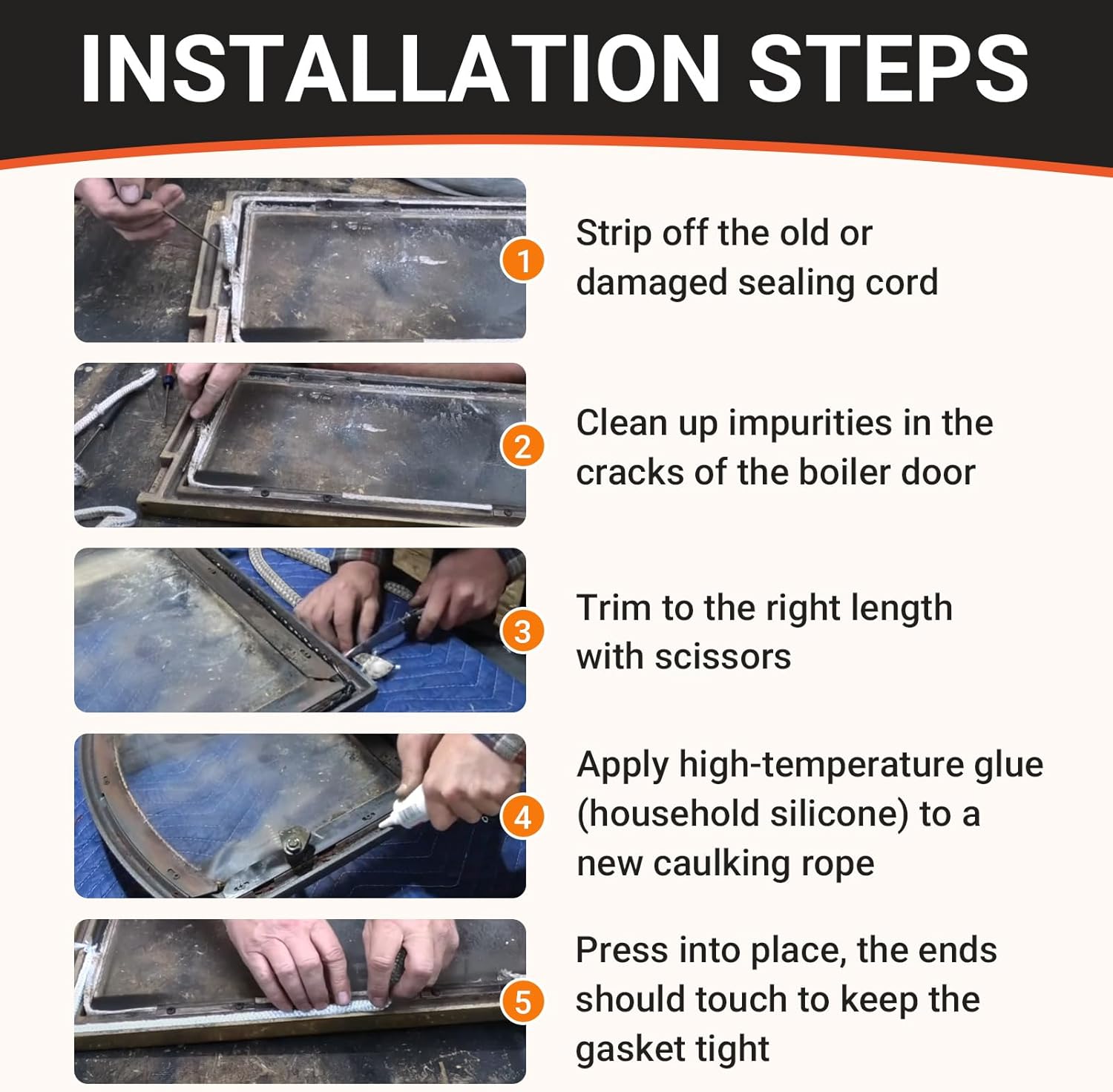 GJK Wood Furnace Door Seal Kit Compatible with Central Boiler 5036, 5648,6048, HF60 Series, 10 FT Fiberglass Door Seal Rope with 2 Oz Silicone Adhesive