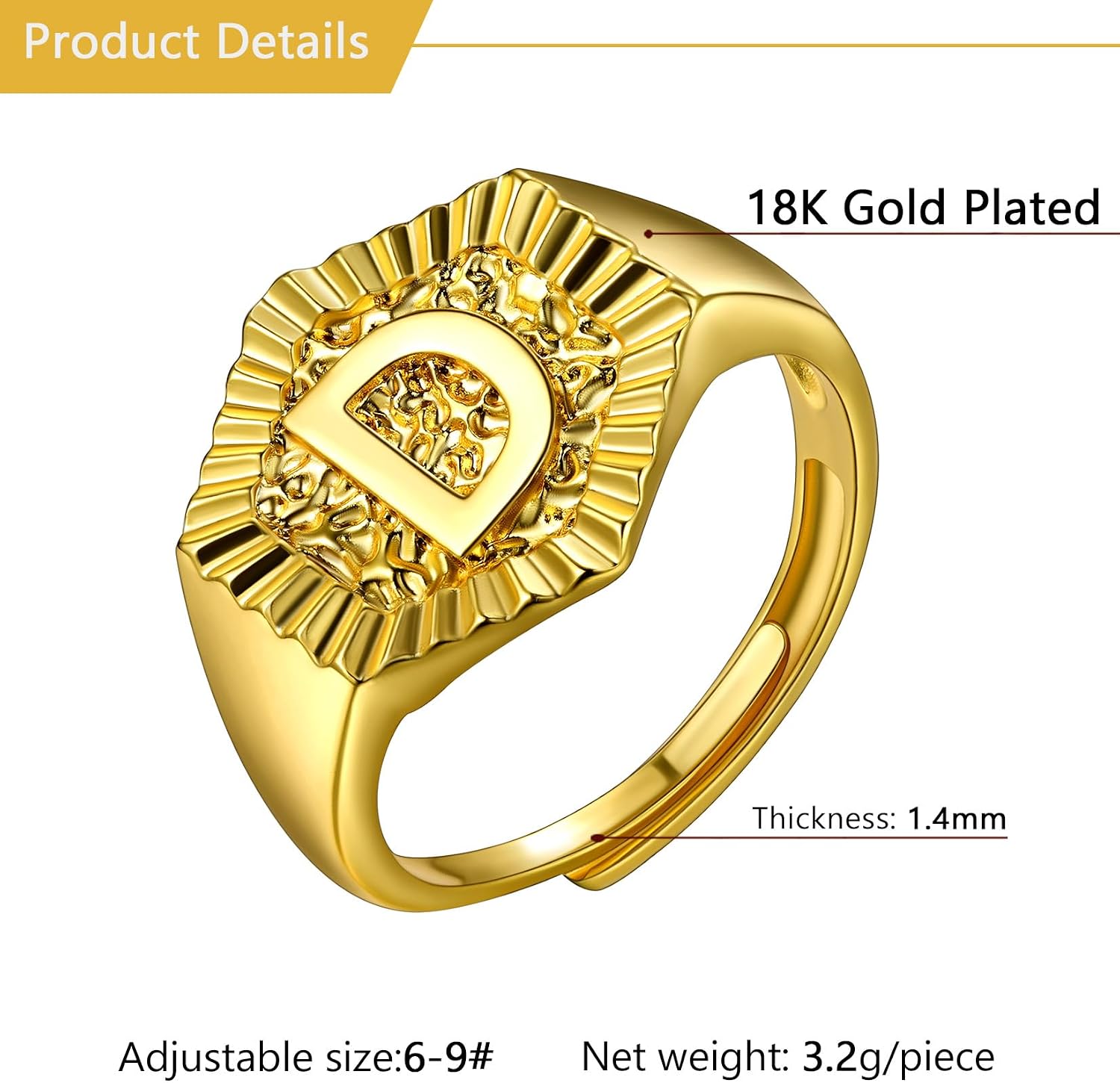 U7 Initial Ring Wedding Band for Men Women 18K Gold Plated Statement Hexagon A-Z Letter Jewelry Personalized Stackable Signet Rings image 5