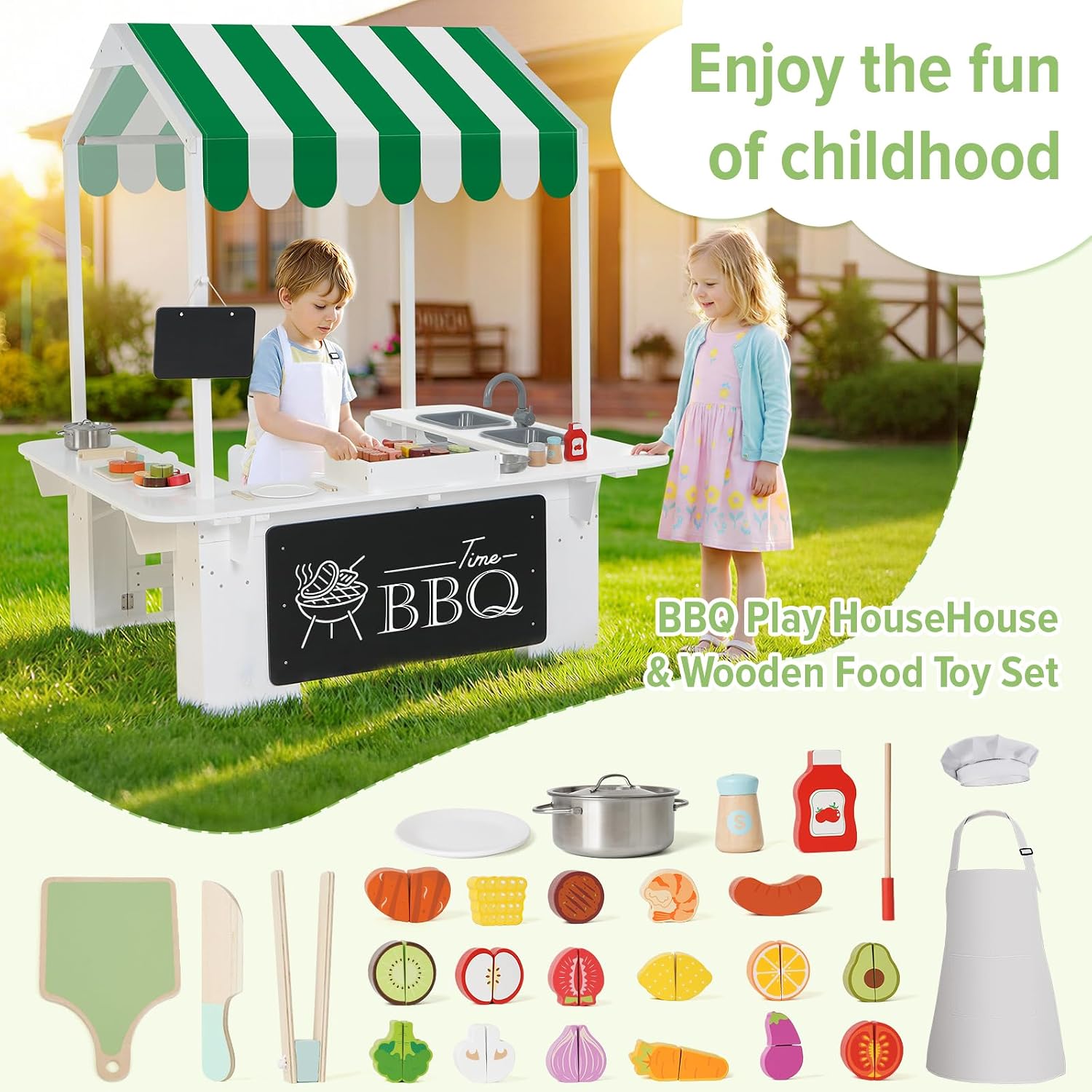 Kids Outdoor Playhouse & Mud Kitchen Set with BBQ Toys + Wooden Cutting Food Playset for Toddlers, Interactive Pretend Play Kitchen & Outdoor Toys, 25+ Pieces