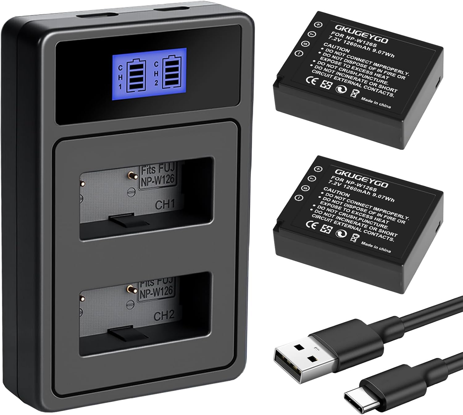 NP-W126 NP-W126S Battery and Charger, 2-Pack Replacement Battery Compatible with Fujifilm XM5 X100VI X100V XS10 XT30II XT30 XT20 XE4 A5 Cameras