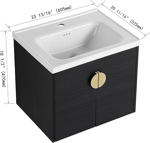 Miniatura 8 de Conjunto de tocador de baño de 24 pulgadas montado en la pared con lavabo, moderno juego de tocador de baño flotante con lavabo, armario de