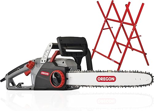 Oregon CS1500 - Motosierra eléctrica con cable autoafilable de 18 pulgadas y 15 amperios + caballo de sierra de tronco de acero Oregon plegable,