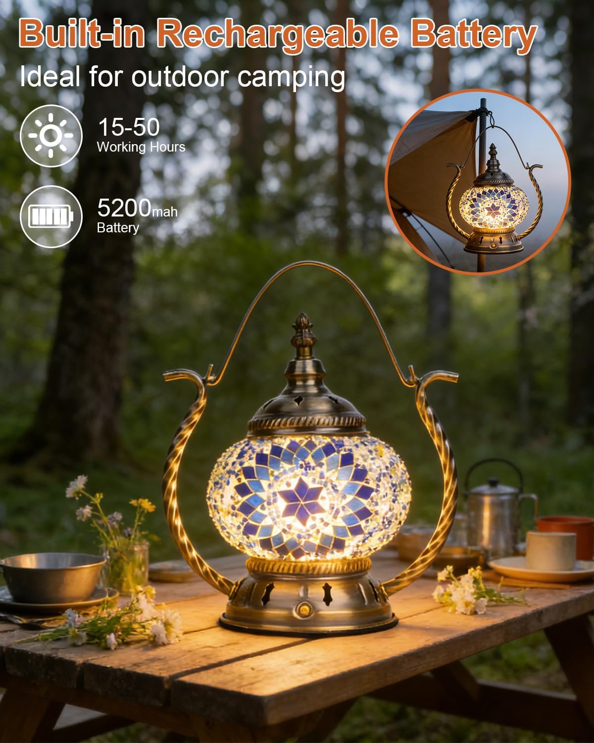 Longzhuo Turkish Mosaic Table Lamp - Handmade Stained Glass Lamp with Handle Tiffany Style, Hangable Bohemian Bedside Night Light, USB Power Moroccan Lantern for Bedroom Living Room Decor